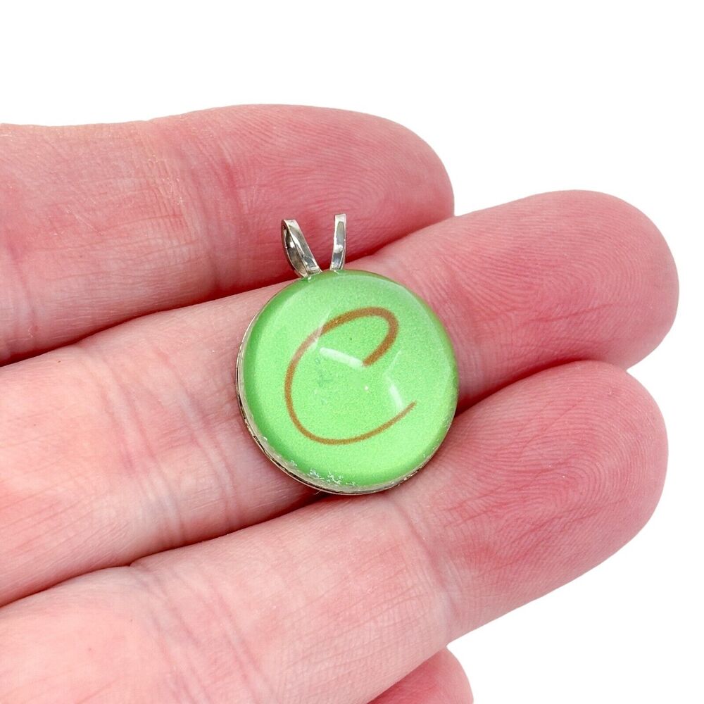Vintage Silver-Tone Green Glass Monogram "C" Pendant